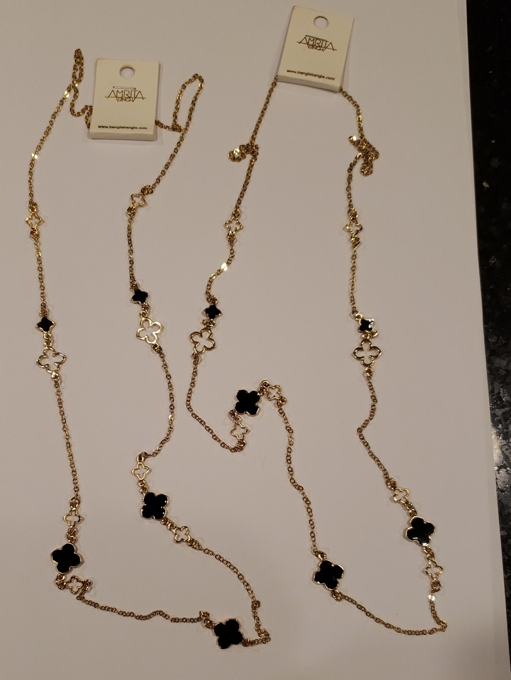 Amrita Singh Gold Long Necklace with Black Clover Charms